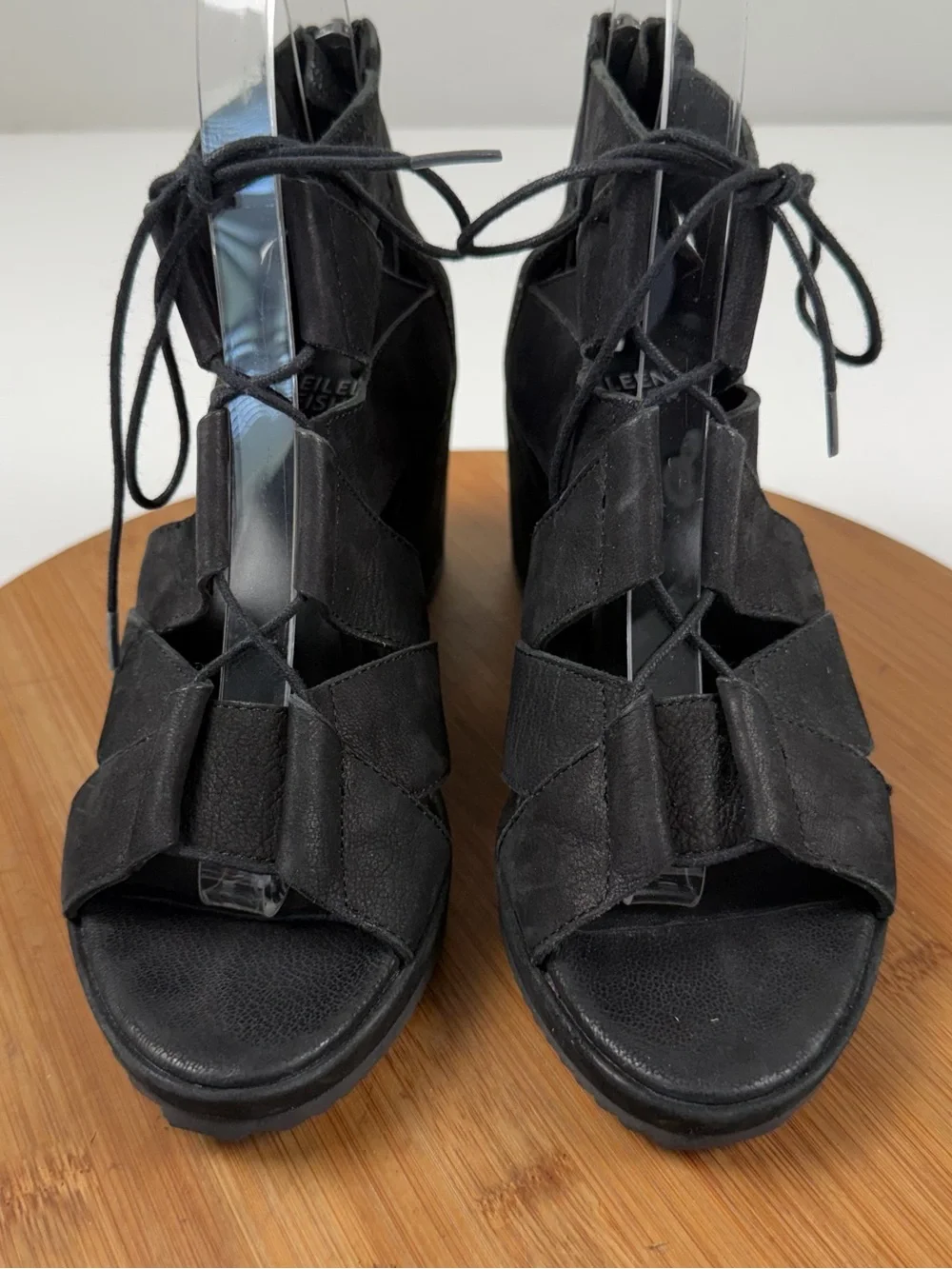 Eileen Fisher Dibs Black Lace-Up Strappy Wedge Sandals